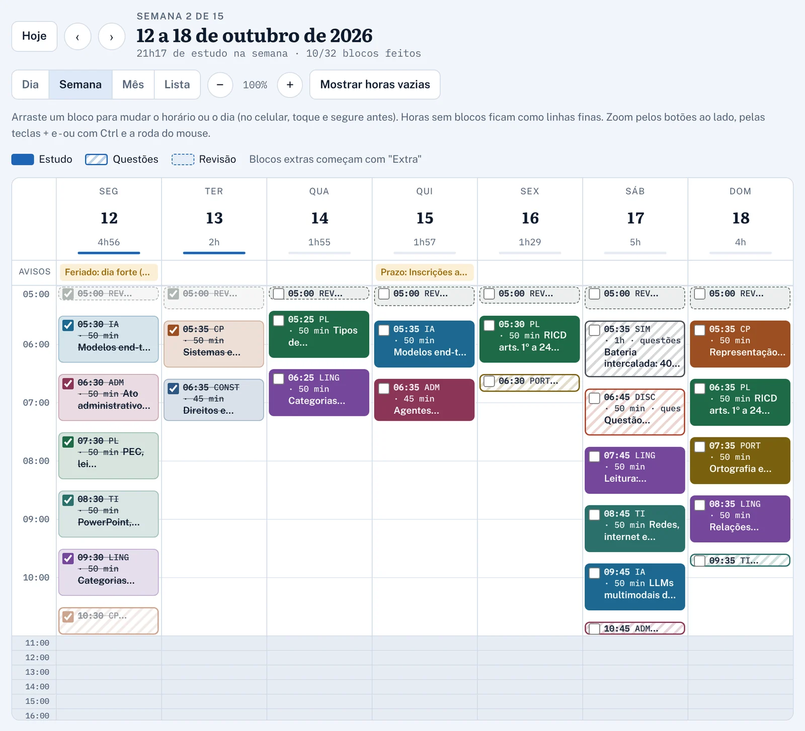 Semana do cronograma no calendário: blocos de estudo, de questões e de revisão em cada dia, com horário e matéria